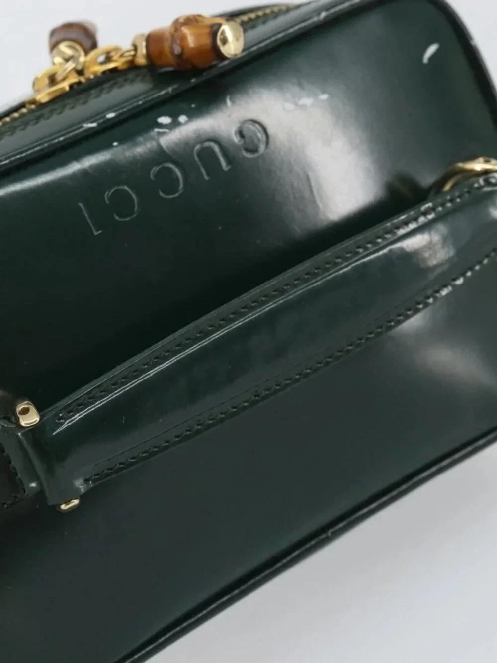GUCCI Bamboo Vanity Pouch Patent leather Green Gold 032 1956 0151 Auth 171655
